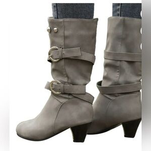 Women Gray Faux Suede Heeled Boots with Slouchy Design and Silver Buckles